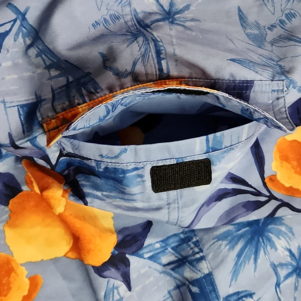 Panama Jack Blue Orange Hawaiian Print Swim Shorts Velcro Close & Pocket XL